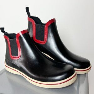 EDDIE BAUER Black Red Rubber Rain Snow Boots Pull-Ons Chelsea Ankle Women Size 7